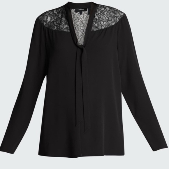 Women’s Theory Lace Yoke 100% Silk Shell Blouse Black Top Size Medium! - Picture 6 of 6